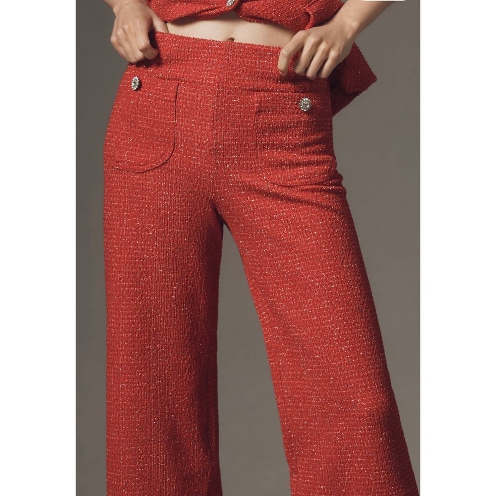 Maeve Anthropologie Red Boucle Tweed Ruffle Hem Wide Leg Pants Crystal Button - Picture 10 of 12